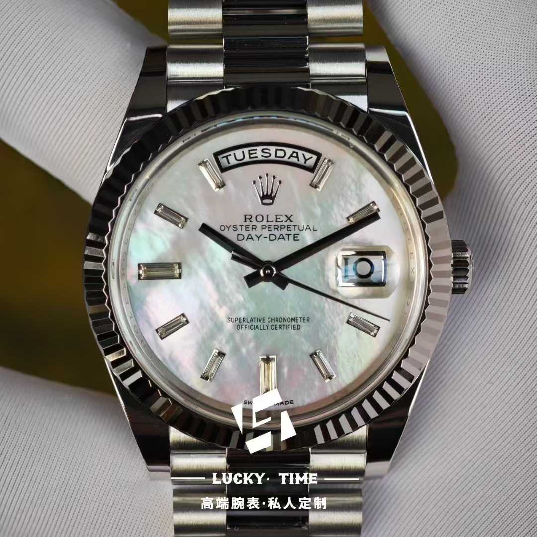 Super Custom Rolex DD228239 White Mother‑of‑Pearl T‑Square Diamond Dial – White Gold Style 40mm