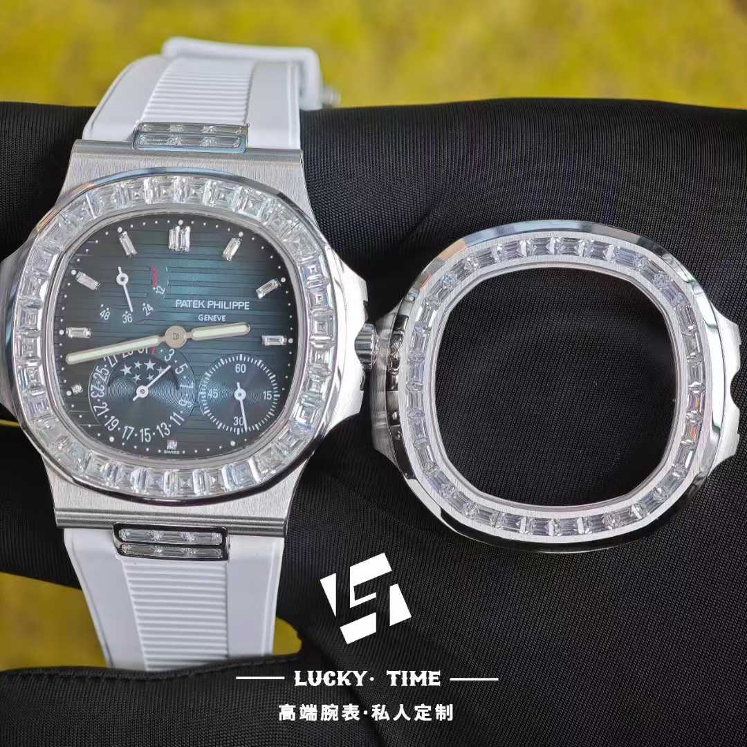 Lucktime customization-Comparison: Patek Philippe Nautilus 5724G – Market Moissanite Bezel vs. German D‑Color Moissanite Bezel